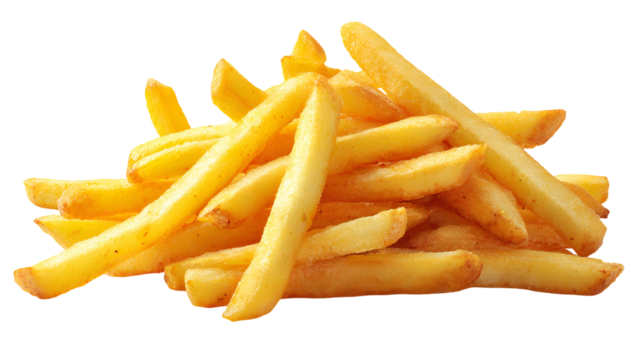 Golden brown crispy french fries piled high isolated on transparent background