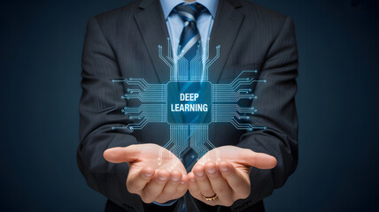 Professional businessman presenting cutting edge deep learning technology concept with glowing circuit board in his hands
