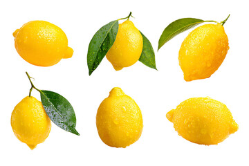 Six bright yellow lemons with green leaves isolated on transparent background
