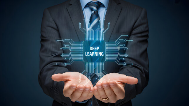 Professional businessman presenting cutting edge deep learning technology concept with glowing circuit board in his hands