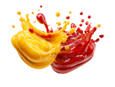 Two vibrant heart shaped splashes of yellow and red liquid colliding and mixing isolated on transparent background - Powered by Adobe