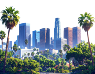  A realistic AI-generated panoramic view of Downtown Los Angeles during the day, modern skyscrapers with reflective glass, palm trees visible on transparent background for travel or urban design