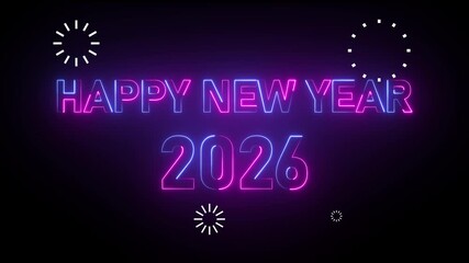 Happy New Year 2026 neon sign with fireworks in purple and blue on black text