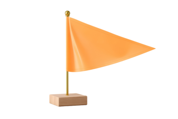 Small orange triangular flag on a wooden base isolated on transparent background
