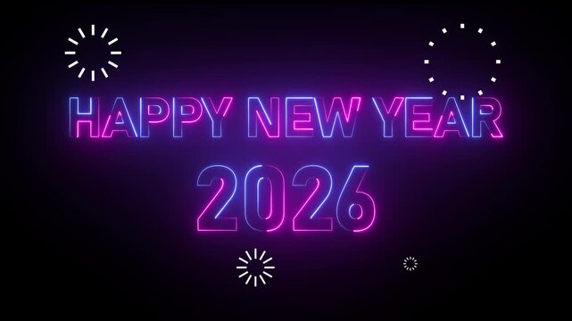 Happy New Year 2026 neon sign with fireworks in purple and blue on black text