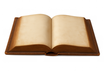 Old open book with blank yellowed pages, vintage antique design, concept of knowledge education history transparent background