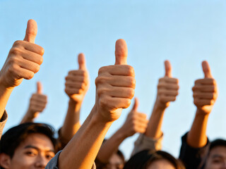 A group of people raising their thumbs up, expressing positive approval and agreement.
