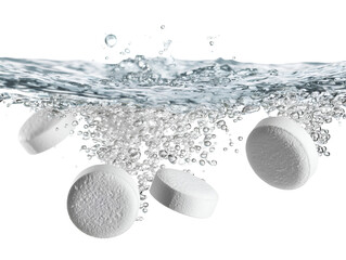 Several white effervescent tablets dissolving and creating bubbles in clear water isolated on transparent background