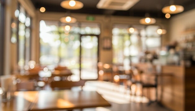 Blurred cafe interior with warm lighting, wooden textures, and soft focus. Modern seating area and decorative elements, suitable for lifestyle and creative backgrounds.