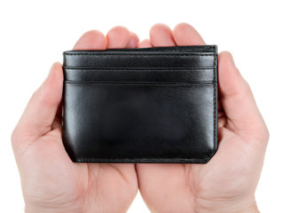 Hands holding a black textured leather card holder isolated on transparent background