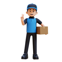 Friendly delivery person in blue shirt and cap holding package and doing peace sign. 3D render
