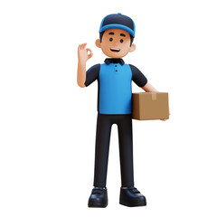 Cartoon delivery man in blue shirt and cap holding package and giving ok sign. 3D render