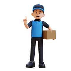 Friendly delivery person in blue shirt and cap holding a package. gesturing with finger up. 3D ren