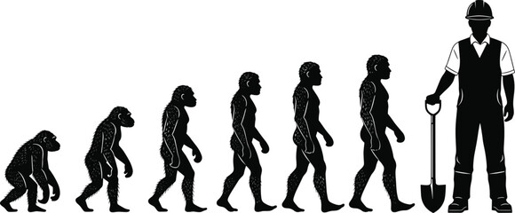 Human evolution silhouette, primate to worker, construction helmet, shovel in hand, labor progress, industrial growth, evolution stages, modern workforce, development journey