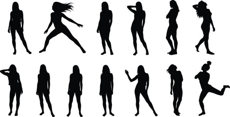 Human silhouette poses, standing and dynamic gestures, black figures, posture variation, motion study, artistic reference, character design, digital art, white background