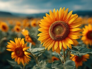 Obraz premium Sunflower Field Under Blue Sky, Bright Sunlight and Warm Summer Landscape
