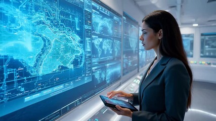 Woman analyzing digital data on large screens - Powered by Adobe