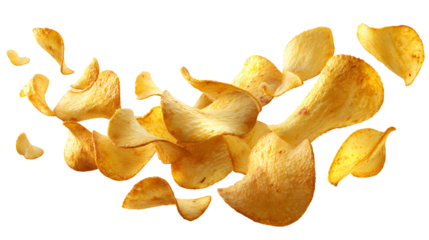 Crispy potato chips flying and scattering in mid air isolated on transparent background