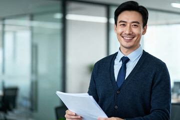 A professional businessman with documents in a modern office, looking confident and ready for work.