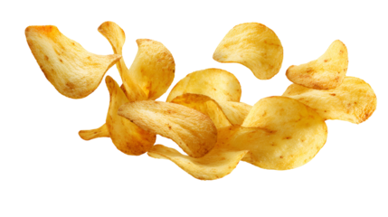 Crispy potato chips scattered and flying in a dynamic arrangement isolated on transparent background