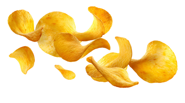 Crispy golden potato chips floating and tumbling in mid air isolated on transparent background