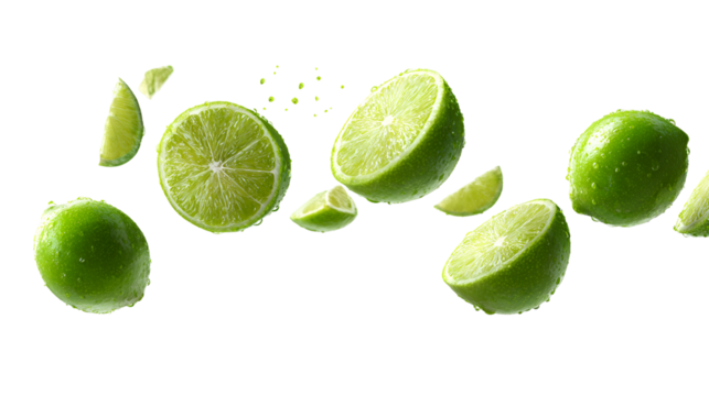 Fresh green limes sliced and whole in mid air isolated on transparent background