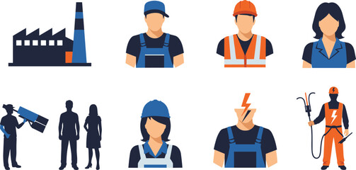 Industrial worker vector set, factory staff illustration, engineers, electricians, and builders in uniform, industrial safety and teamwork concept, construction and engineering design art