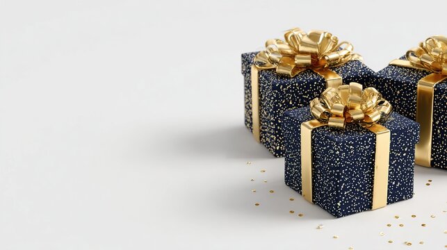 A Christmas gift box wrapped in elegant navy blue and gold foil bursts dynamically from the corner of the image, set against a pure white background, conveying joy, celebration, and festive generosity