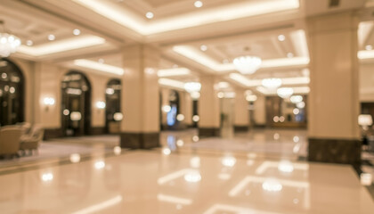 Obraz premium Blurred modern hotel lobby interior with warm color tones, polished surfaces, and structured lighting. Depth of field highlights architectural lines, suitable for hospitality backgrounds.