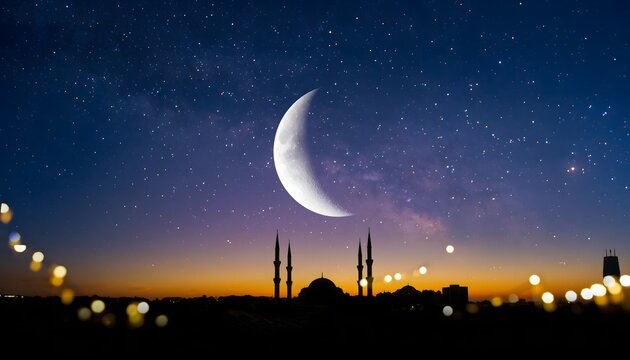 Ramadan moon crescent over mosque silhouette with city lights and stars