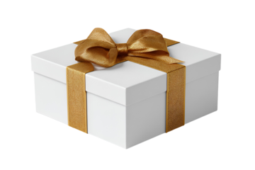 Classic white gift box tied with a luxurious golden ribbon isolated on transparent background