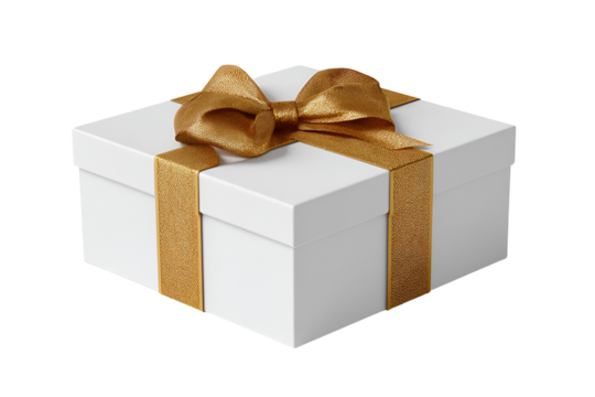 Classic white gift box tied with a luxurious golden ribbon isolated on transparent background