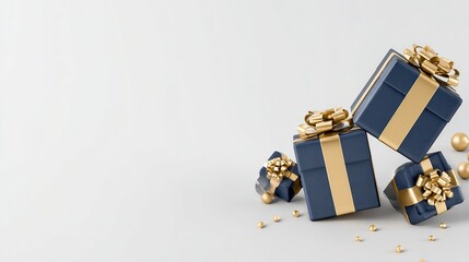 A Christmas gift box wrapped in elegant navy blue and gold foil bursts dynamically from the corner of the image, set against a pure white background, conveying joy, celebration, and festive generosity