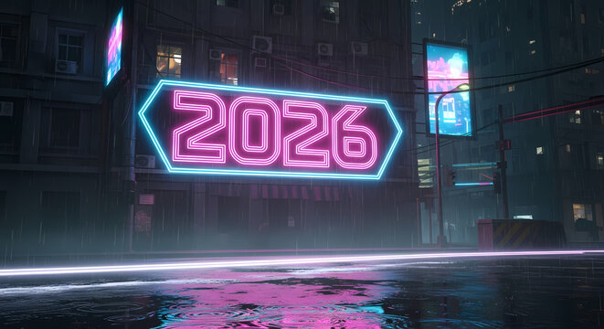 A futuristic cityscape glows with neon lights under a rainy sky, showcasing the year 2026 in vibrant, stylized signage against a dark urban backdrop.