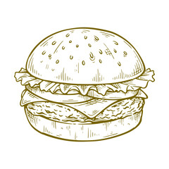 Fototapeta premium Burger hand drawn illustration. Burger vector line art