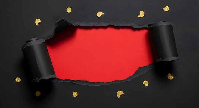 Torn black paper with red background and gold confetti for a festive look.