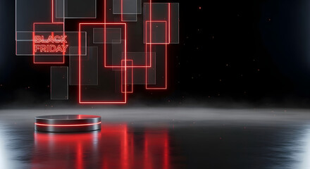 Futuristic Black Friday Display with Neon Lights and Podium for Product Showcase