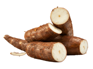 Fresh cassava roots with peeled sections, isolated on a clean white background, healthy food