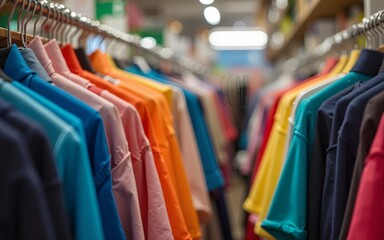 Colorful second-hand clothes hanging on a rack inside a thrift store, neatly organized under soft lighting, creating a welcoming and tidy atmosphere. High quality