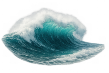 Powerful ocean wave breaking with foamy crest, bringing energy and movement, isolated on transparent background