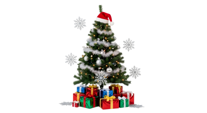 Decorated christmas tree with gifts isolated on transparent background
