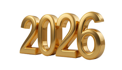 Golden 2026 numbers with reflective surface isolated on a transparent background year