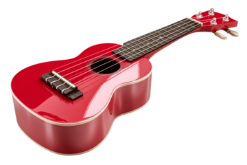A vibrant red ukulele with a glossy finish isolated on transparent background