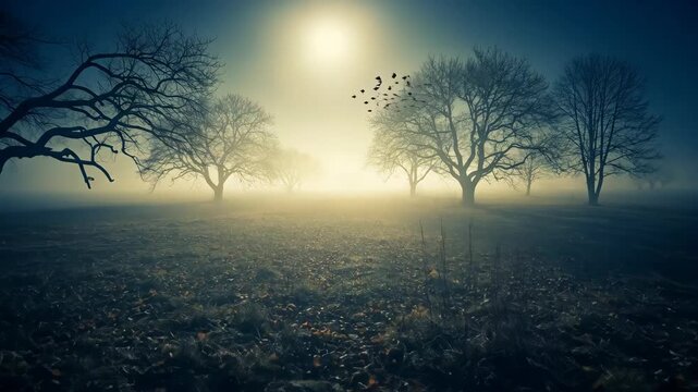 A misty landscape at dawn. Silhouetted trees stand in a field with a flock of birds. The sky glows