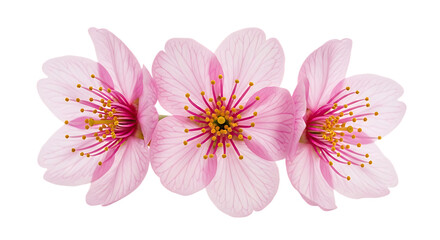 Fototapeta premium Three pink cherry blossoms isolated on transparent background, closeup