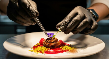 Chef meticulously garnishes a gourmet chocolate dessert with edible flowers and fresh raspberries, showcasing fine dining artistry and precision.