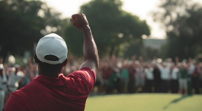 Victorious athlete celebrates triumph with raised fist, crowd cheering in excitement, capturing ultimate sports achievement