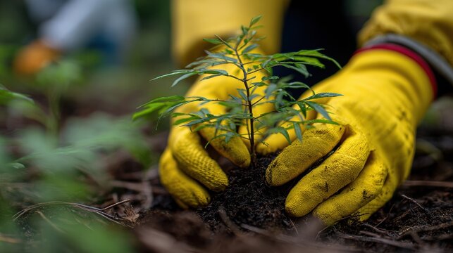 Man in Gloves Planting Seedling to Support Reforestation Efforts in a Natural Environment