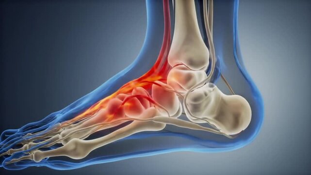 Animated Foot Anatomy Showing Bones Tendons and Red Inflammation Areas on a Blue Background