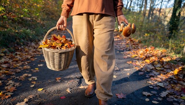 Harvesting Autumn Mushrooms in a Basket - Powered by Adobe